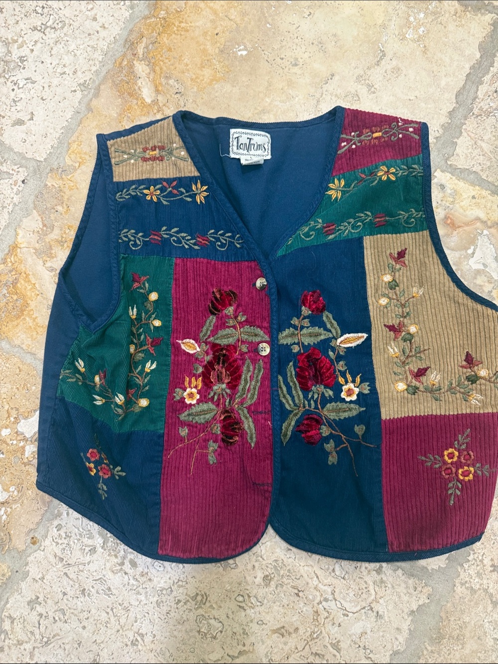 TanJay Patchwork Embroidered Velvet & Corduroy Vest in Navy, Burgundy & Green